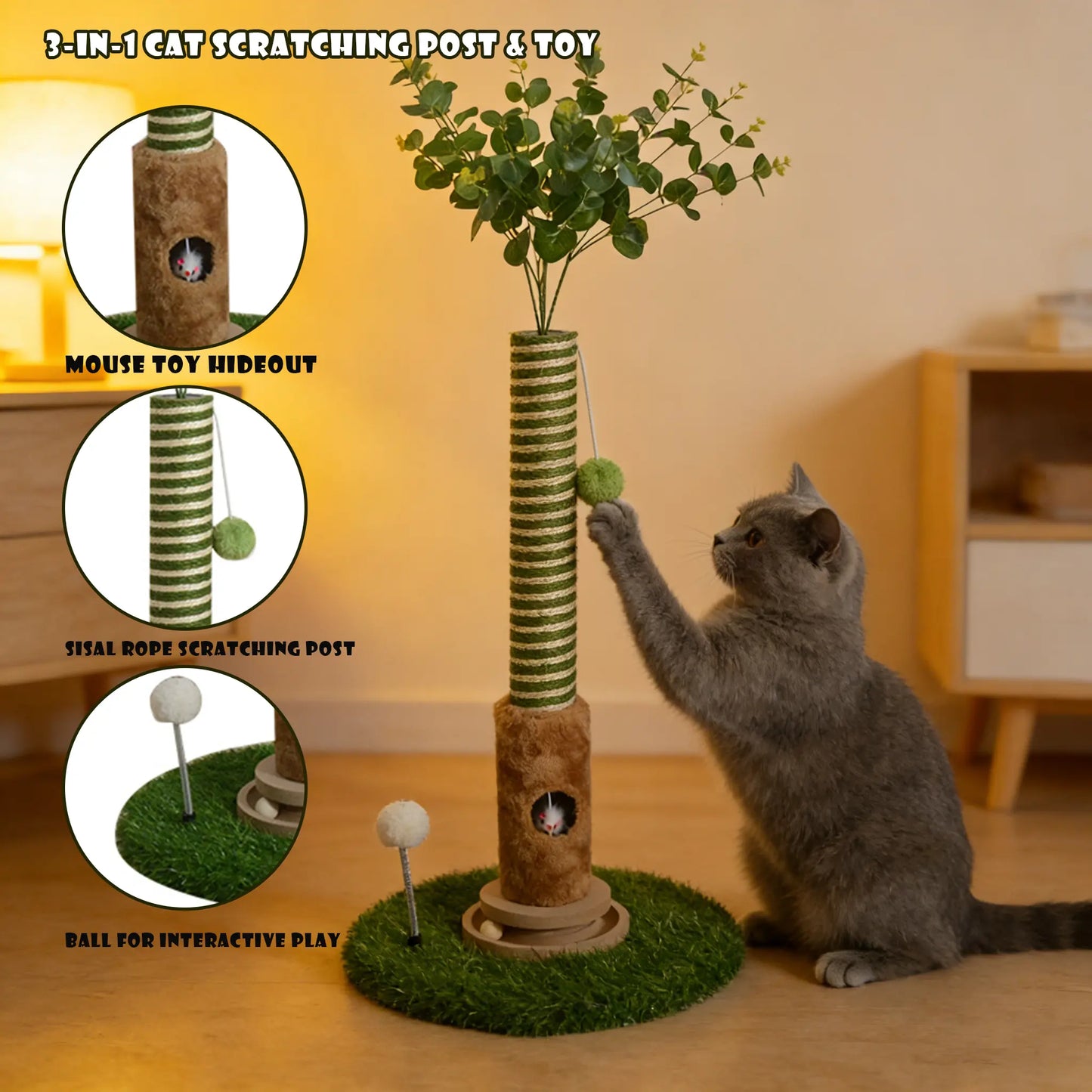 39" Green Cat Tree with Hanging Ball & Mouse – Durable Scratching Post for Small Cats Easy Installation Spacesaving Cattree Interactive Toy#Summervibes#Petlovers