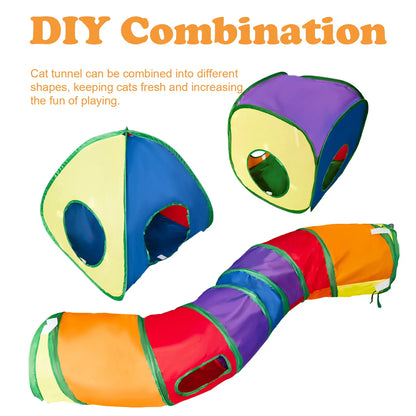 Collapsible Cat Tunnel & Cubes Combo - Polyester Fiber, Collapsible Frame, Colorful Look, Creative Shape, Magic Stickers, Play Ball, Peek Holes, Interactive Play & Rest Functionality, Zipper Bag for Indoor Cats