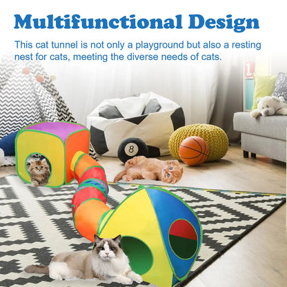 Collapsible Cat Tunnel & Cubes Combo - Polyester Fiber, Collapsible Frame, Colorful Look, Creative Shape, Magic Stickers, Play Ball, Peek Holes, Interactive Play & Rest Functionality, Zipper Bag for Indoor Cats