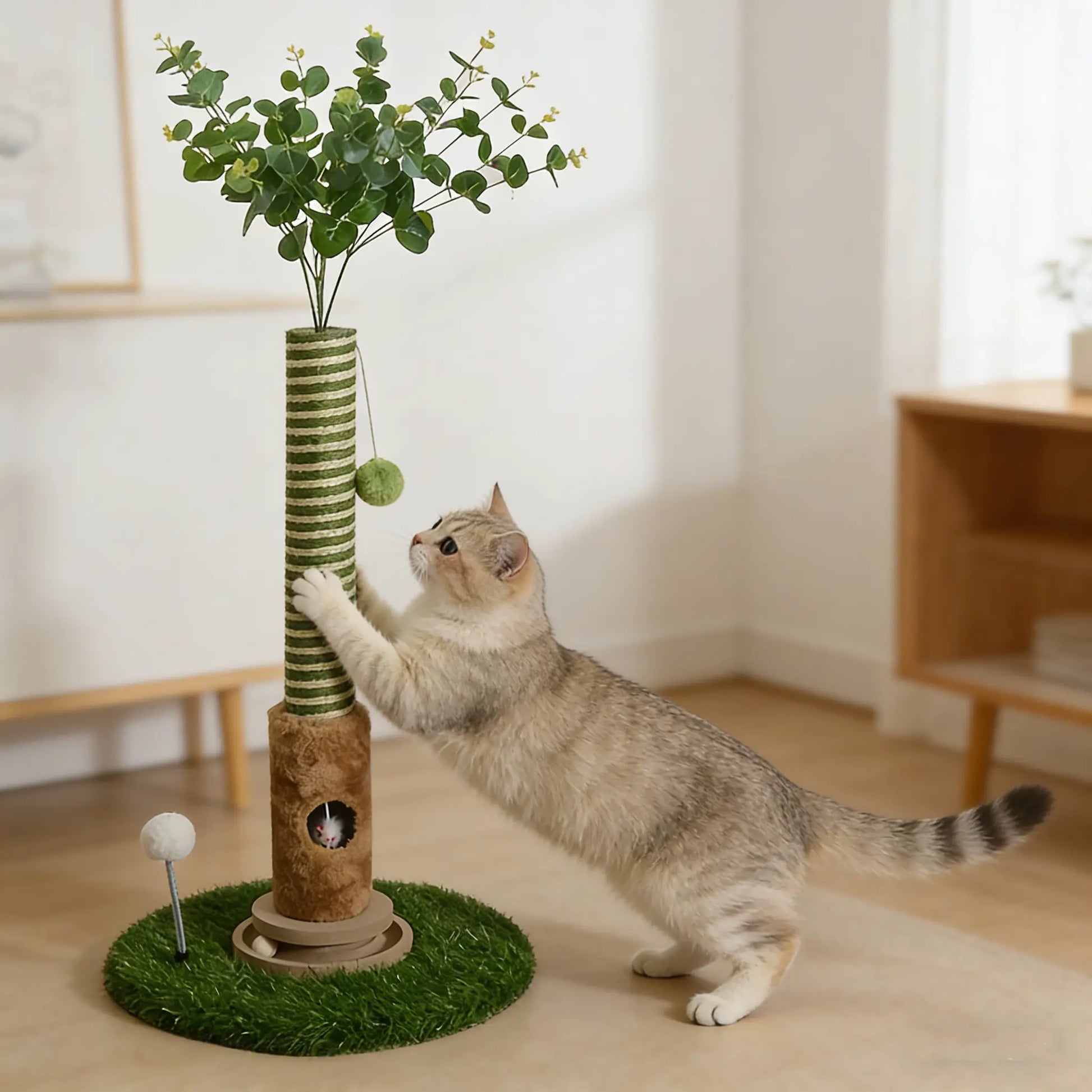 39" Green Cat Tree with Hanging Ball & Mouse – Durable Scratching Post for Small Cats Easy Installation Spacesaving Cattree Interactive Toy#Summervibes#Petlovers